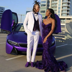 Classic Mermaid Strapless Purple Sequins Long Black Gilrs Teens Evening Prom Dresses N2166