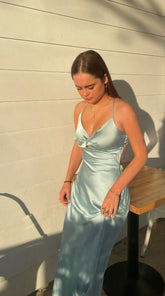 Elegant Mermaid Halter Light Sky Blue Satin Sleeveless Formal For Women Girls Teens Prom Dresses N2279