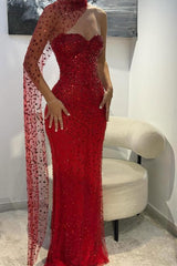 Gorgeous Red Sweetheart Mermaid Prom Dresses Sleeveless Strapless With Gem Semi Formal Grad Long Prom Dress For Teens AB1998