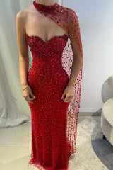 Gorgeous Red Sweetheart Mermaid Prom Dresses Sleeveless Strapless With Gem Semi Formal Grad Long Prom Dress For Teens AB1998