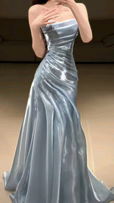 Light Blue Strapless Pleated Prom Dresses Evening Formal Gown Semi Formal Grad Long Prom Dress For Teens AB1993