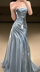 Light Blue Strapless Pleated Prom Dresses Evening Formal Gown Semi Formal Grad Long Prom Dress For Teens AB1993