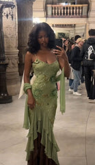 Magnificent Mermaid Spaghetti Strap Sleeveless Sage Green Chiffon Long Formal Dress Gown Prom Dresses N2542