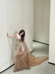 Glitter Mermaid Spaghetti Straps Champagne Tulle Prom Dresses Silver Beads 20th Birthday Outfits AB2470