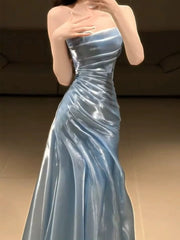 Glitter Mermaid Strapless Light Blue Sleeveless Prom Dresses Inspiration Long Night Outfits 18th Birthday Outfits AB2219
