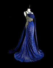 Modest Mermaid Royal Blue Sequins Women With Beadings Long Prom Gown Party Wear Dresses N1850