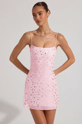 Sheer Embellished Square-Neck Mini Dress in Pink