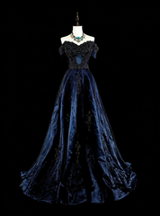 Vintage A line Off The Shoulder Navy Blue Tulle 80s Evening Gowns Formal Birthday Dress Long Prom Dresses N1753