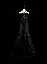 Vintage 1980s Mermaid Sweetheart Black Tulle With Appliques Sleeveless Long Prom Formal Dresses N1599