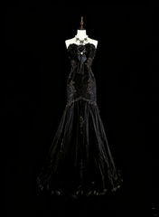Vintage 1980s Mermaid Sweetheart Black Tulle With Appliques Sleeveless Long Prom Formal Dresses N1599