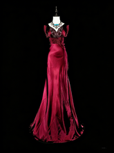 Vintage Mermaid V Neck Dark Red Burgundy Satin With Beadings Long Prom Gown Party Wear Fashion Dresses N1829