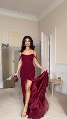 Pretty Mermaid Off The Shoulder Burgundy Slit Long Prom Dresses Formal Evening Dress N1622