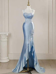 Vintage Sky Blue Applique Sequin Sheath Sweetheart Satin Evening Gown Spaghetti Strap Party Dress Slit Ruffled Long Formal Dress AB1678