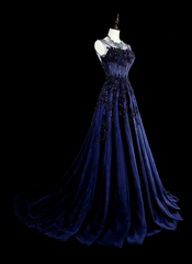 Vintage 1780s A line Sweetheart Navy Blue Tulle Sleeveless With Beadings Long Prom Dresses N1589