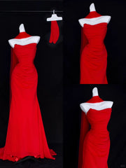 Romantic Mermaid Strapless Red With Scarf Tulle Formal Dress Long Prom Dresses N2827
