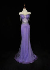Glitter Prom Dresses Mermaid Sweetheart Lilac Tulle With Beading Backless Long Formal Evening Dress N3888