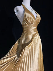 Vintage Prom Dresses 1960s A line Halter Gold Tea Lenngth Satin With Pleated Prom Gown N3123