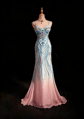 Vintage Y2K Mermaid 2000s Blue Pink Ombre Gown Gradient Colors Spaghetti Strap Formal Dress Prom Dresses N2441