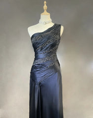 Classy Prom Dresses Mermaid One Shoulder Satin Black Tie Dress With Beaded Long Formal Evening Outfits N3704