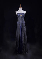 Vintage Prom Dresses A line Spaghetti Strap Navy Blue Tulle 80s With Beading Long Formal Evening Outfits N3871
