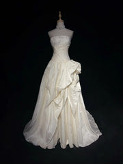 Vintage Prom Dresses 80s Ball Gown Light Champagne Strapless With Lace Evening Outfits N3470
