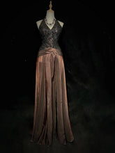 Beautiful Prom Dresses A Line Halter Brown Satin With Lace Bodice Long Evening Outfits N3372