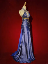 Vintage Prom Dresses 90s Mermaid High Neck Royal Blue Satin Backless Silver Beading Long Semi Formal Evening Dress N3673