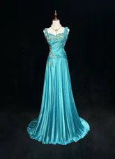 Vintage Prom Aesthetic Dresses A line Blue Satin With Beading Appliqued Long Formal Dress N3024