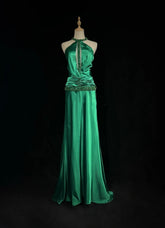 Vintage Prom Dresses A Line Halter Green Satin 80s With Beading Long Formal Evening Outfits N3904