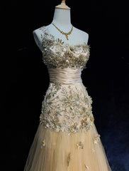Vintage Prom Dresses Inspo Mermaid One Shoulder Tulle Gold 90s With Appliqued Formal Gowns N3343