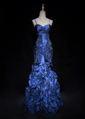 Vintage Prom Dresses Inspo Mermaid Spaghetti Strap Navy Blue Tiered Layers 80s With Ruffled Formal Gowns N3361
