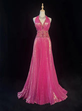 Vintage 90s Prom Dresses A Line Halter Hot Pink With Beading Crystals Long Prom Gown N3062