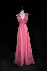 Evening Dress A line V Neck Pink Chiffon Party Graduation Prom Dresses for Special Occasions Robe N2464