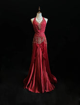 Modest Prom Dresses Mermaid Halter Burgundy Chiffon With Beading Long Formal Evening Dress N3877