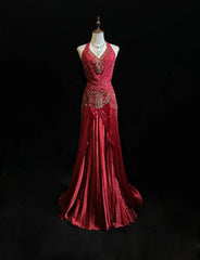 Modest Prom Dresses Mermaid Halter Burgundy Chiffon With Beading Long Formal Evening Dress N3877