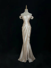Vintage 90s Prom Dresses Mermaid Off The Shoulder Champagne Satin Long Prom Gown N3010