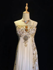 Vintage 90s Prom Dresses A Line Spaghetti Strap White Chiffon With Gold Lace Formal Evening Outfits N3849
