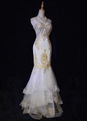 Vintage Prom Dresses Inspo Mermaid Spaghetti Strap White With Gold Lace For Women Formal Dress N3221