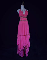 Glamour Prom Dresses High Low Halter Hot Pink Chiffon With Beading Formal Evening Outfits N3842
