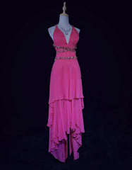 Glamour Prom Dresses High Low Halter Hot Pink Chiffon With Beading Formal Evening Outfits N3842