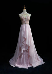 Vintage Prom Aesthetic Dresses A Line Jewel Pearl Pink Chiffon With Beading Long Formal Dress N3033