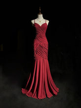 Vintage Mermaid 2000s Spaghetti Strap Burgundy Chiffon With Pleated Formal Dress Long Prom Dresses N2577