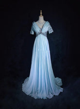 Vintage Prom Dresses 1960s A line V Neck Light Sky Blue Chiffon With Appliqued Long Prom Gown N3109