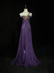 Vintage Prom Aesthetic Dresses A Line One Shoulder Purple Chiffon With Beading Long Formal Dance Dress N3014