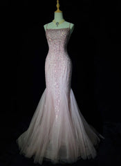 Timeless Prom Dresses Mermaid Spaghetti Strap Light Pink Tulle With Beading Backless Long Evening Outfits N3233