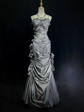 Modest Prom Dresses Mermaid Spaghetti Strap Grey Satin With 3D Flowers Formal Outfits N3653