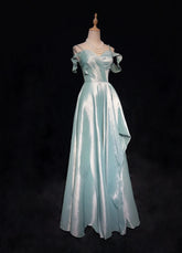 Elegant Chic Prom Dresses A line Spaghetti Strap Light Sky Blue Satin With Sleeves Semi Formal Evening Gowns N3800