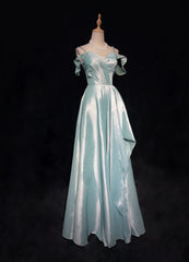 Elegant Chic Prom Dresses A line Spaghetti Strap Light Sky Blue Satin With Sleeves Semi Formal Evening Gowns N3800