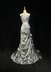 Beautiful Prom Dresses Mermaid Spaghetti Strap Silver Gray With Flowers Long Formal Evening Outfits N3684