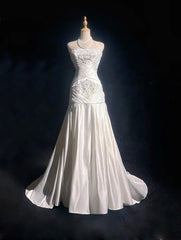 Vintage 90s Prom Dresses Mermaid Strapless White Chiffon With Ruffled Beads Long Prom Gown N3036